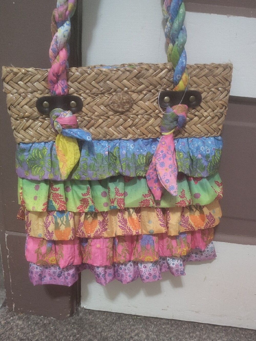 Boho Multicolor Ruffle Straw Shoulder Bag - Picture 2 of 9